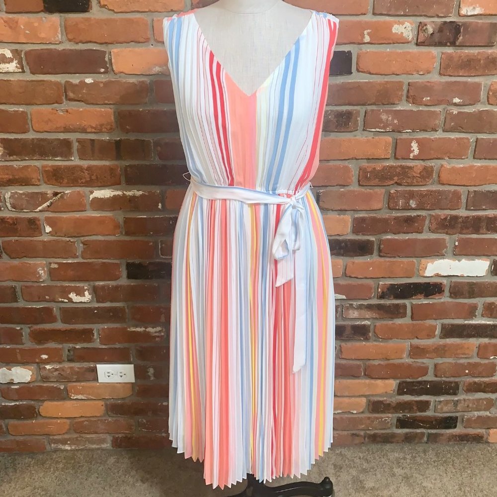 Loft Colorful Striped Pleated Sleeveless Dress Size Small